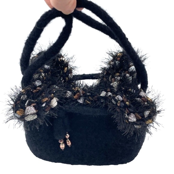 Vintage Convertible Wool Drawstring Purse Black with Metallic Accents and Beads - Picture 8 of 9